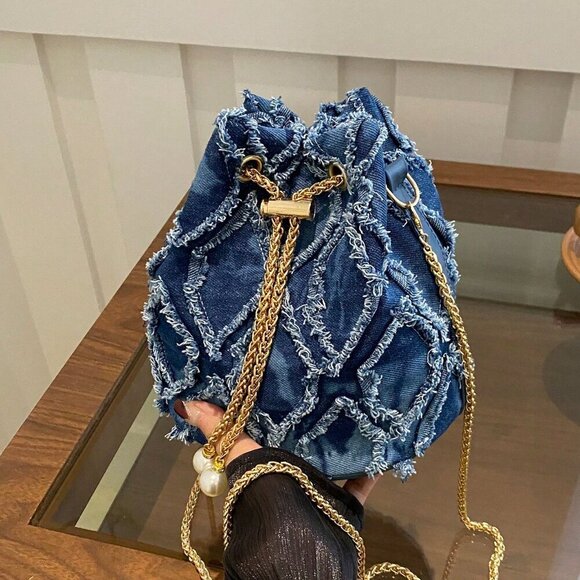 Blue Fashionable Women's Diamond-Shaped Shoulder Bucket Bag - Picture 2 of 7